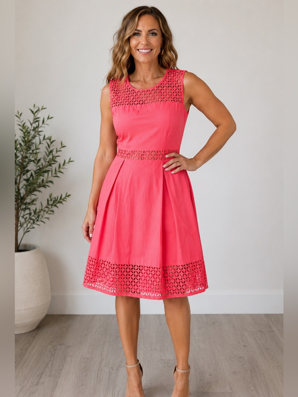 Calvin Klein Coral-Pink Sleeveless Fit & Flare Dress